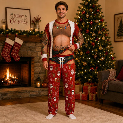 Naughty Matching Couples Christmas Pajamas - Ho Ho Ho Santa and Unwrap Me Body Print Set