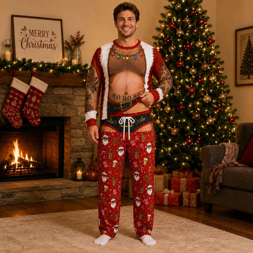 Naughty Matching Couples Christmas Pajamas - Ho Ho Ho Santa and Unwrap Me Body Print Set