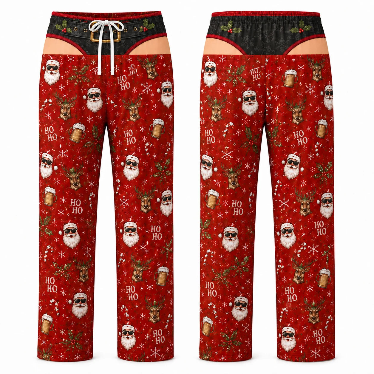 Naughty Matching Couples Christmas Pajamas - Ho Ho Ho Santa and Unwrap Me Body Print Set