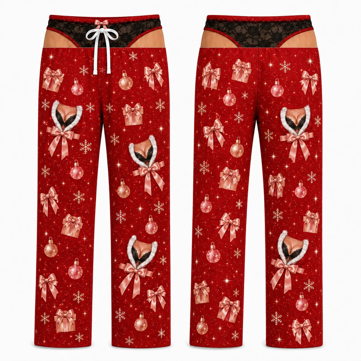 Naughty Matching Couples Christmas Pajamas - Ho Ho Ho Santa and Unwrap Me Body Print Set