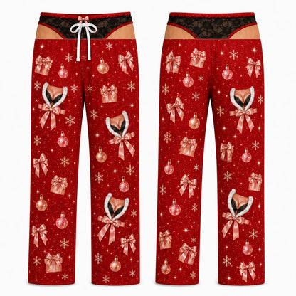 Naughty Matching Couples Christmas Pajamas - Ho Ho Ho Santa and Unwrap Me Body Print Set