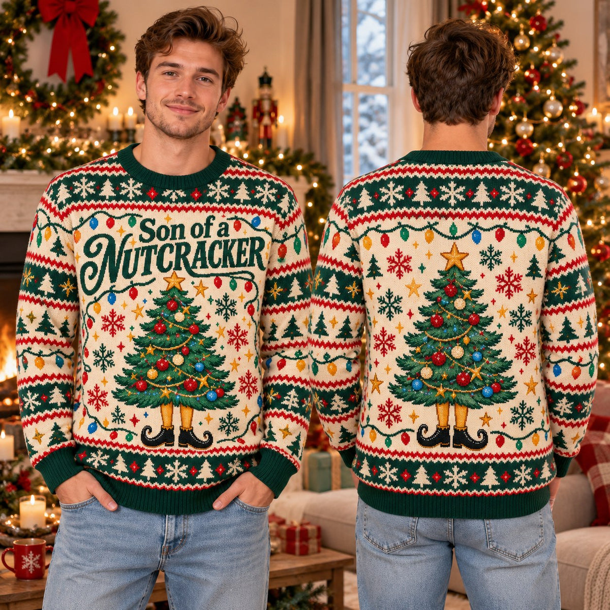 Son of a Nutcracker knit ugly Christmas sweater - front and back