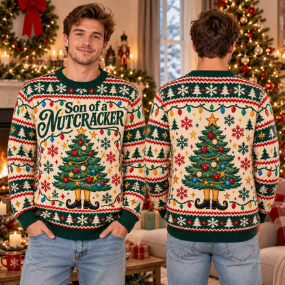 Son of a Nutcracker knit ugly Christmas sweater - front and back
