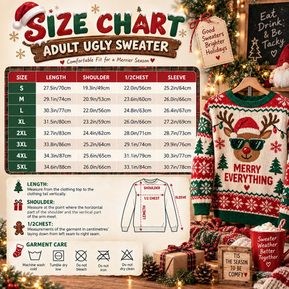Adult ugly sweater size chart S to 5XL
