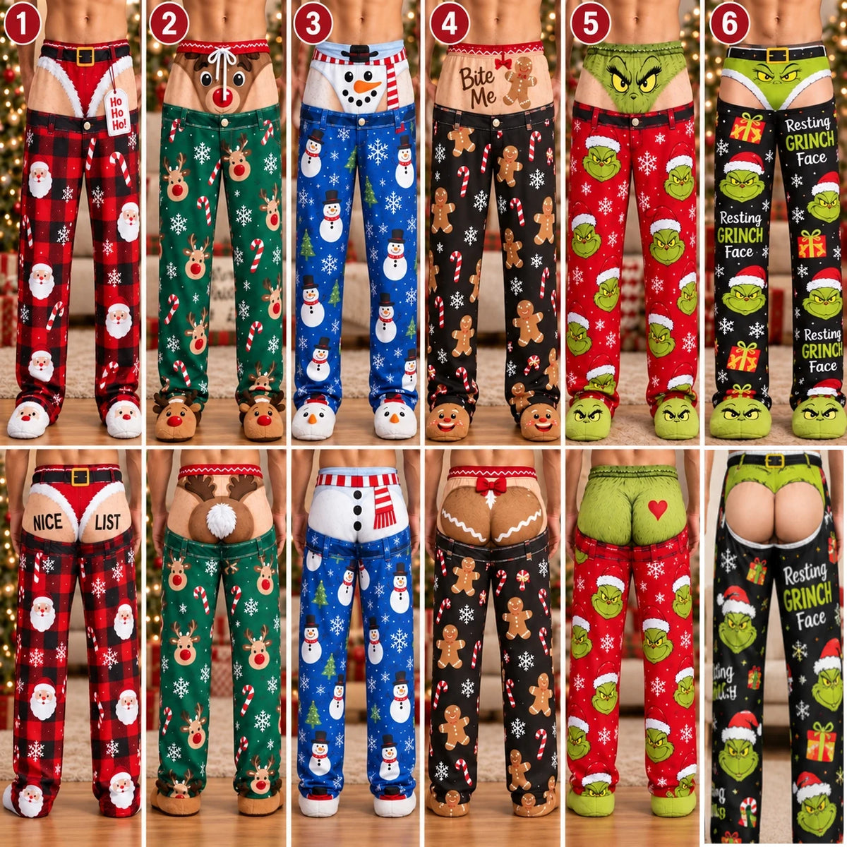 Six novelty Christmas pajama pants designs to choose from