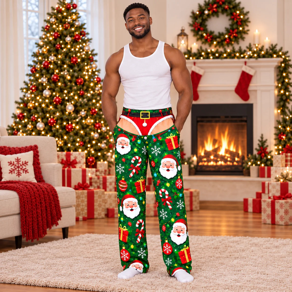 Close up detail of Christmas pajama pants print