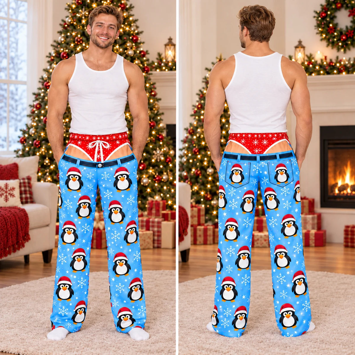 Green elf suit Christmas pajama pants front and back view