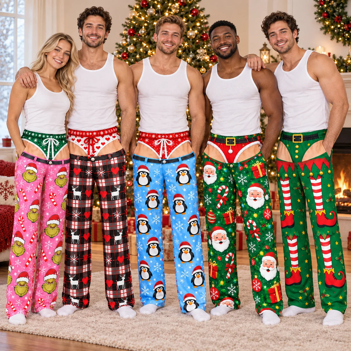 Full length fit view of Christmas pajama pants