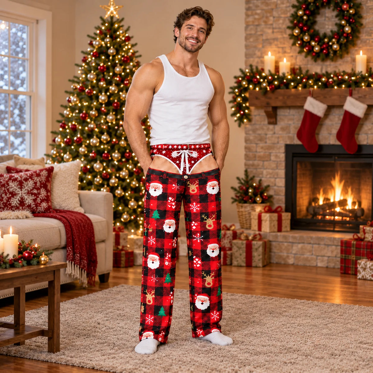 Green gingerbread Christmas pajama pants front and back view