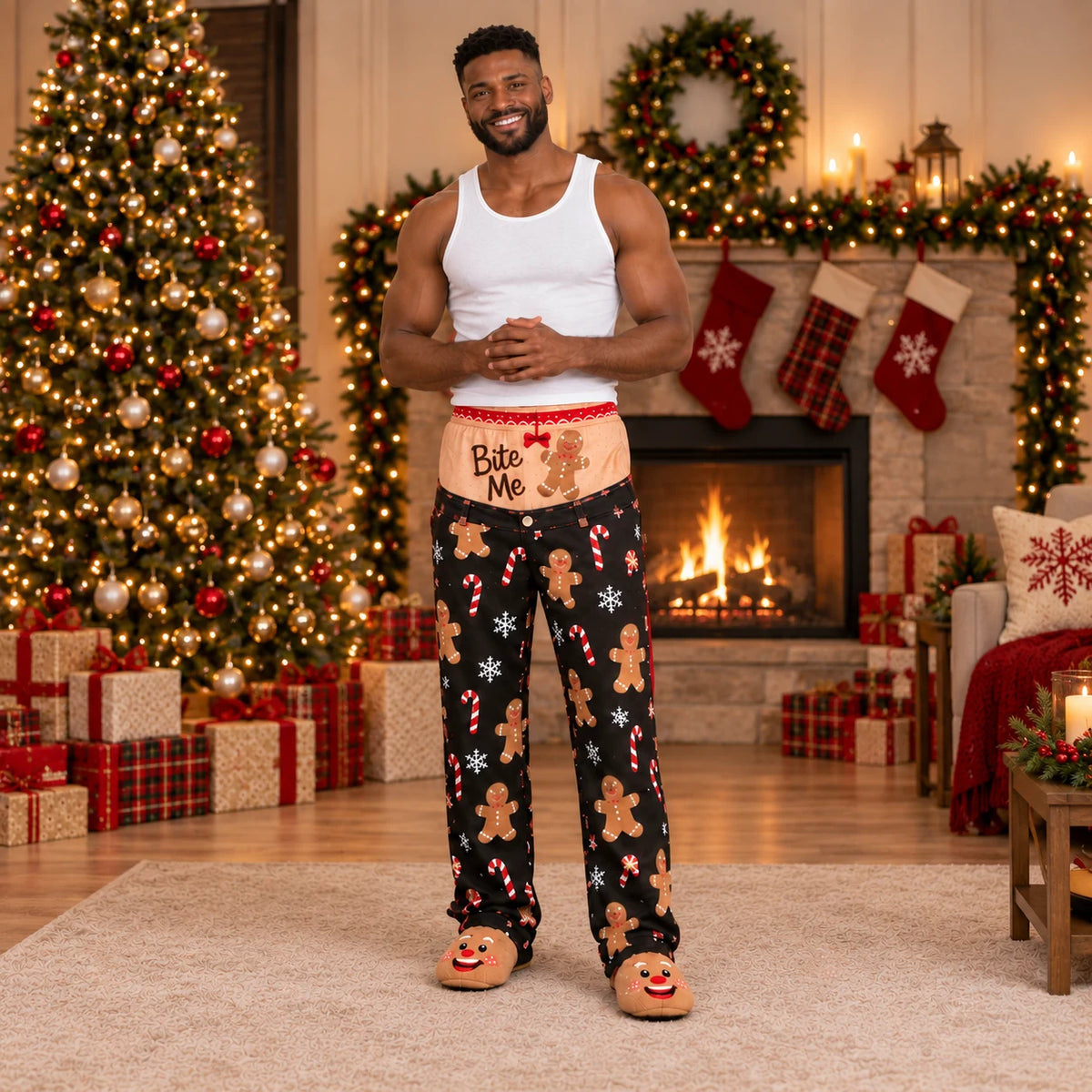 Black green character Christmas pajama pants front and back view
