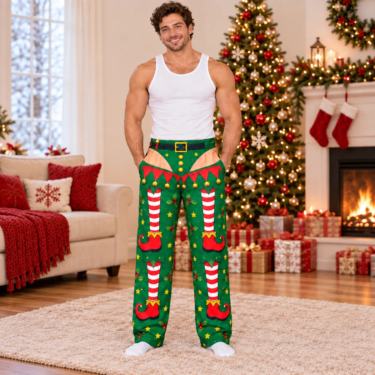 Relaxing at home in funny Christmas pajama pants
