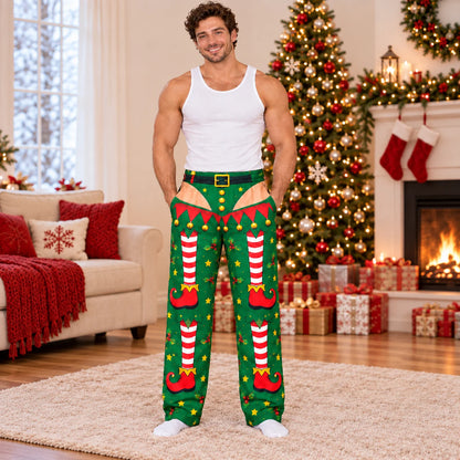 Relaxing at home in funny Christmas pajama pants