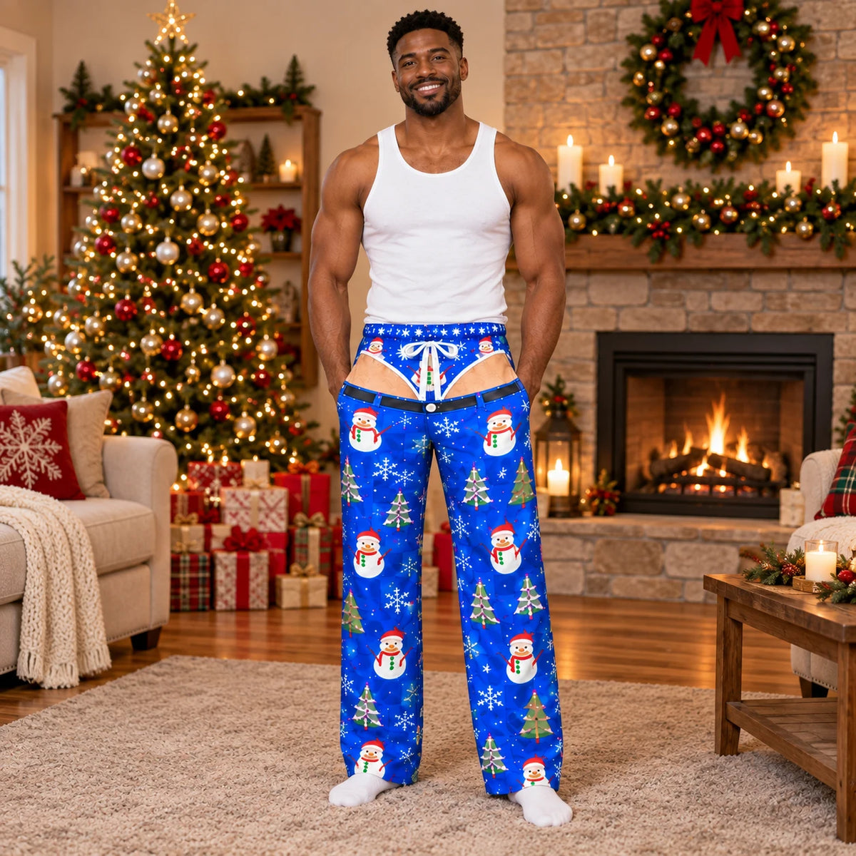 Pink green character Christmas pajama pants front and back view