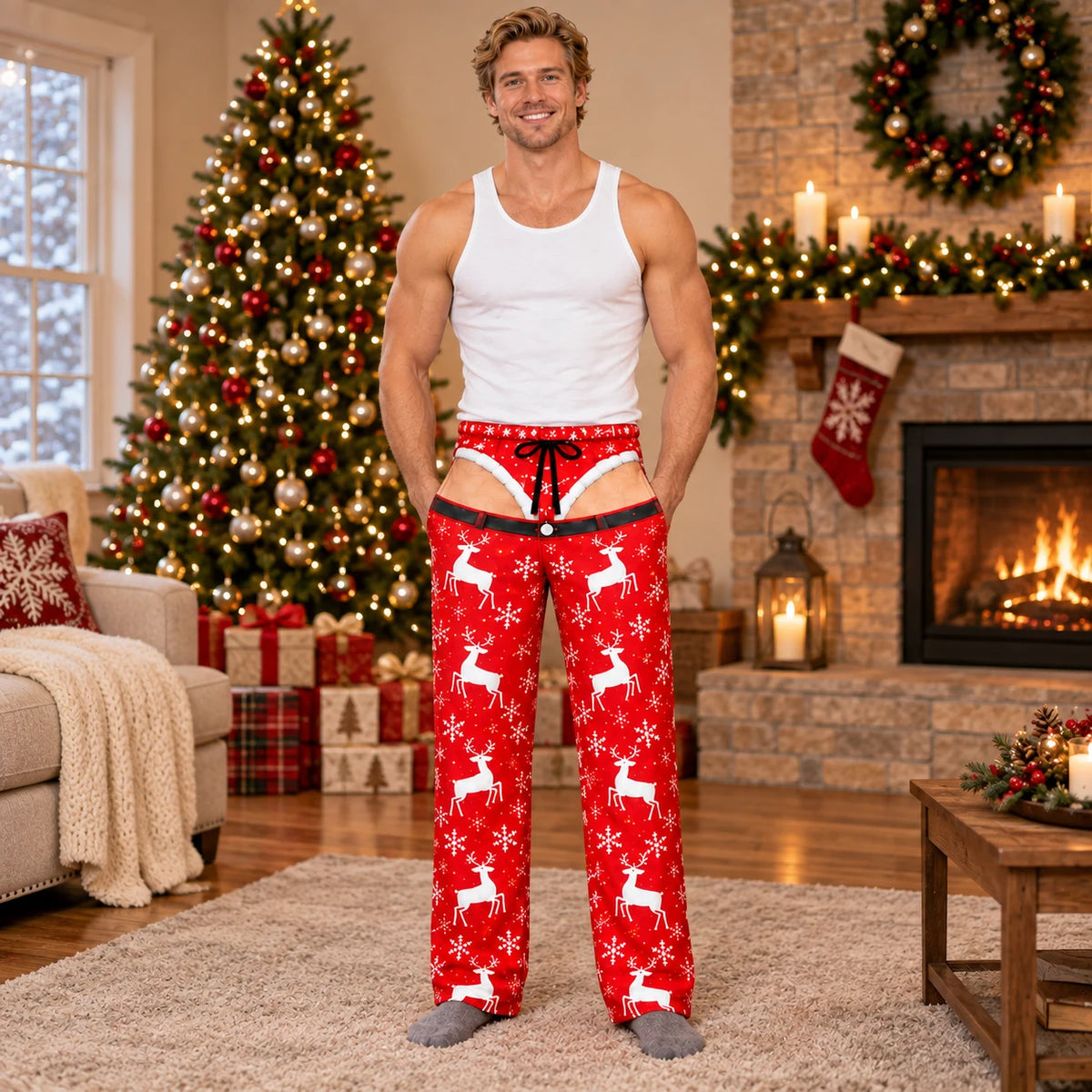 Plaid and hearts Christmas pajama pants front and back view