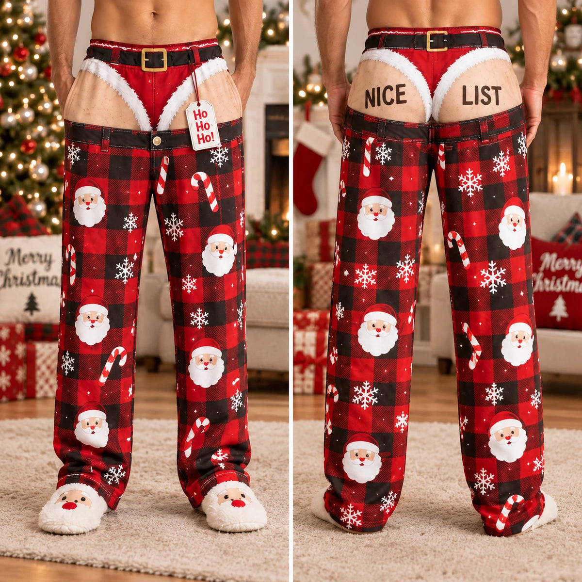 Red plaid Santa Ho Ho Ho Christmas pajama pants front and back view