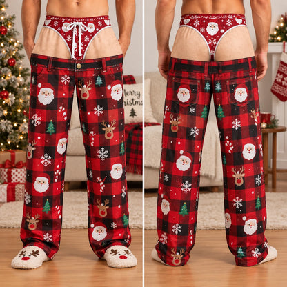 Red plaid Santa Christmas pajama pants front and back view