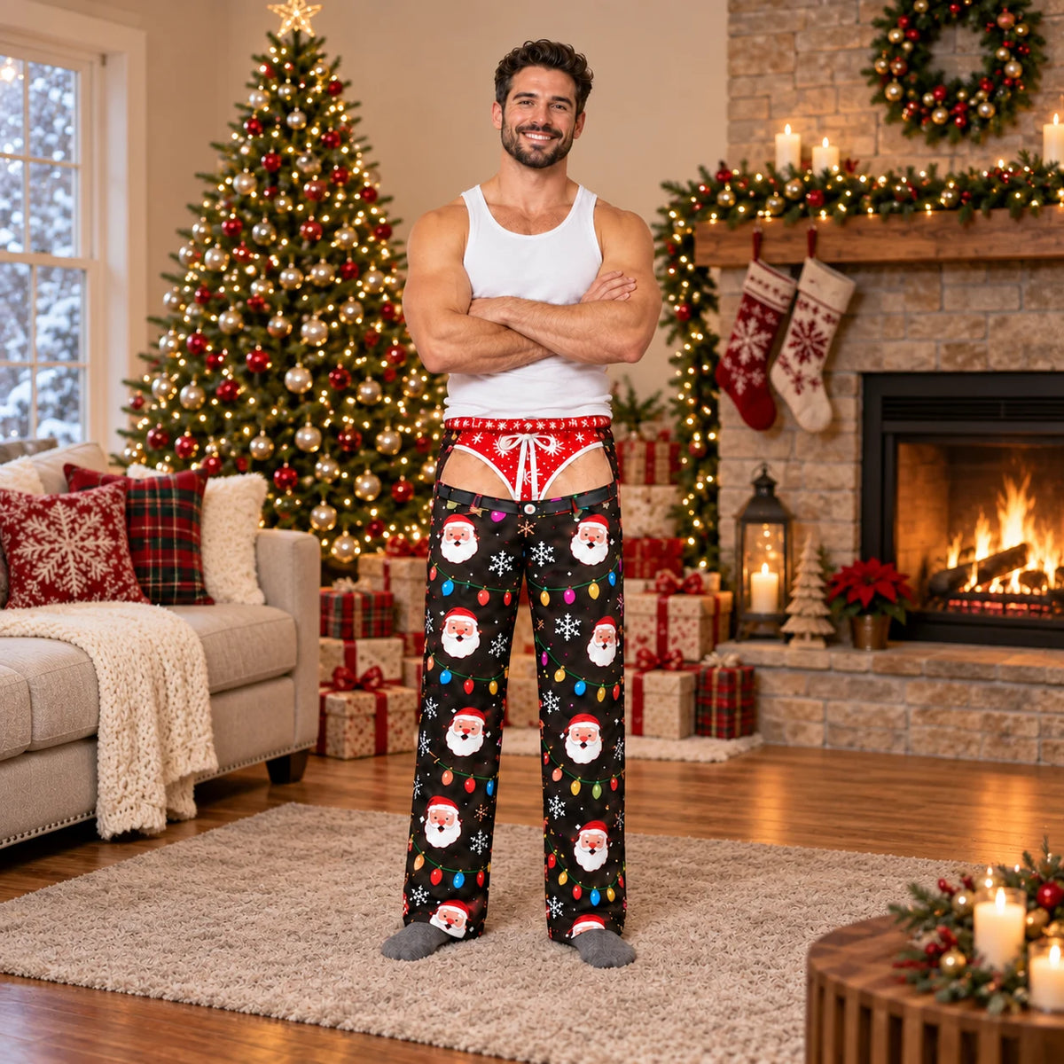 Red reindeer Christmas pajama pants front and back view