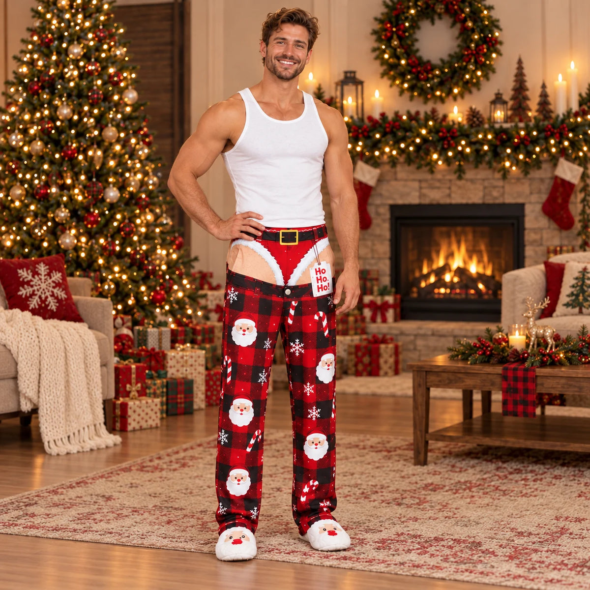 Green reindeer Christmas pajama pants front and back view