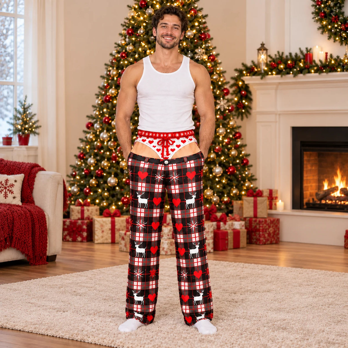 Green Santa and gifts Christmas pajama pants front and back view