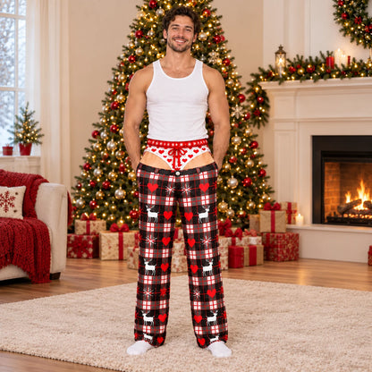 Green Santa and gifts Christmas pajama pants front and back view