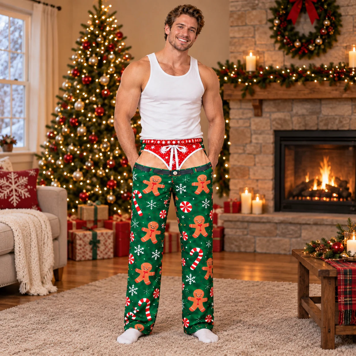 Black Santa and string lights Christmas pajama pants front and back view