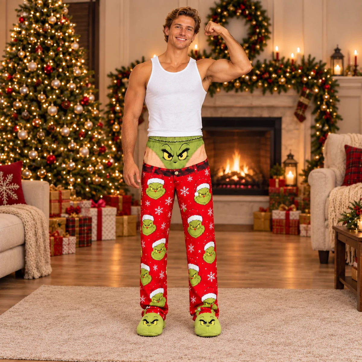 Group wearing matching novelty Christmas pajama pants