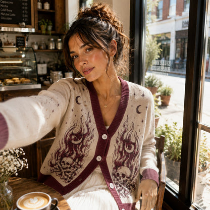 ACOTAR cardigan Nesta silver flames fire and bones cream burgundy knit - view 1