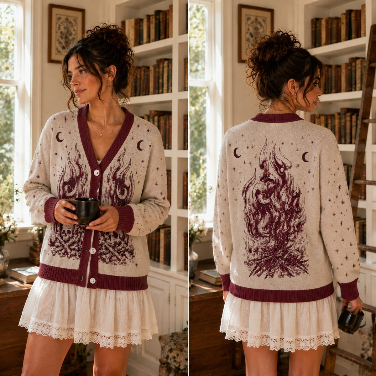 ACOTAR cardigan Nesta silver flames fire and bones cream burgundy knit - view 2