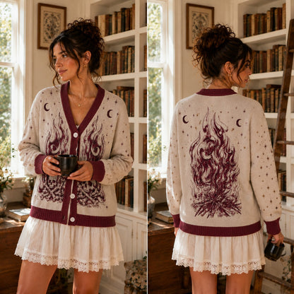 ACOTAR cardigan Nesta silver flames fire and bones cream burgundy knit - view 2