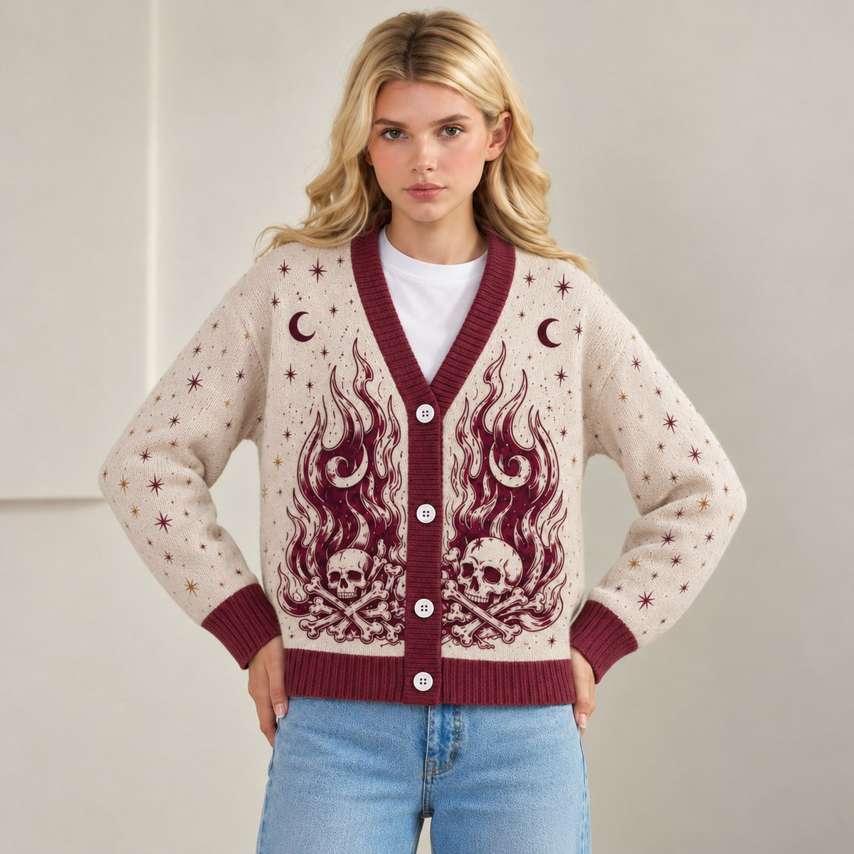 ACOTAR cardigan Nesta silver flames fire and bones cream burgundy knit - view 3