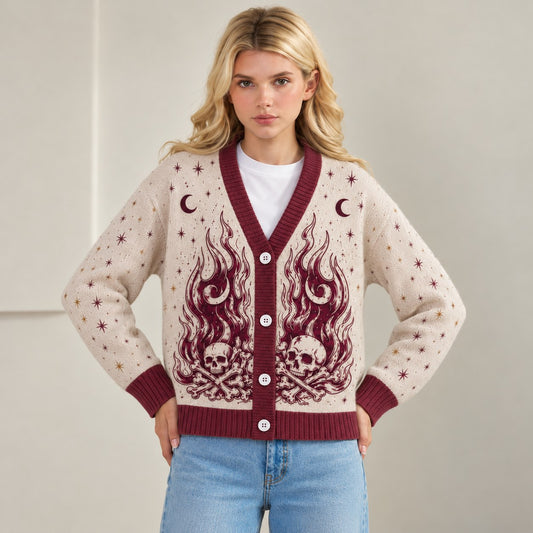 ACOTAR cardigan Nesta silver flames fire and bones cream burgundy knit - view 3