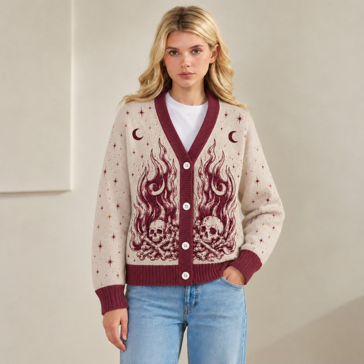 ACOTAR cardigan Nesta silver flames fire and bones cream burgundy knit - view 4