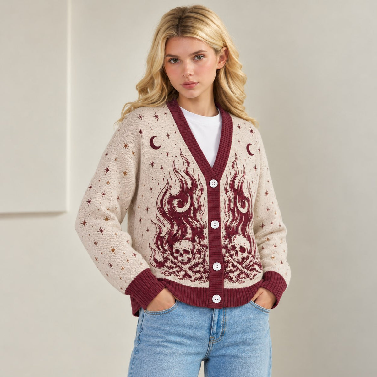 ACOTAR cardigan Nesta silver flames fire and bones cream burgundy knit - view 6