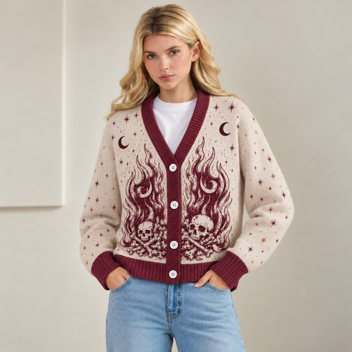 ACOTAR cardigan Nesta silver flames fire and bones cream burgundy knit - view 7