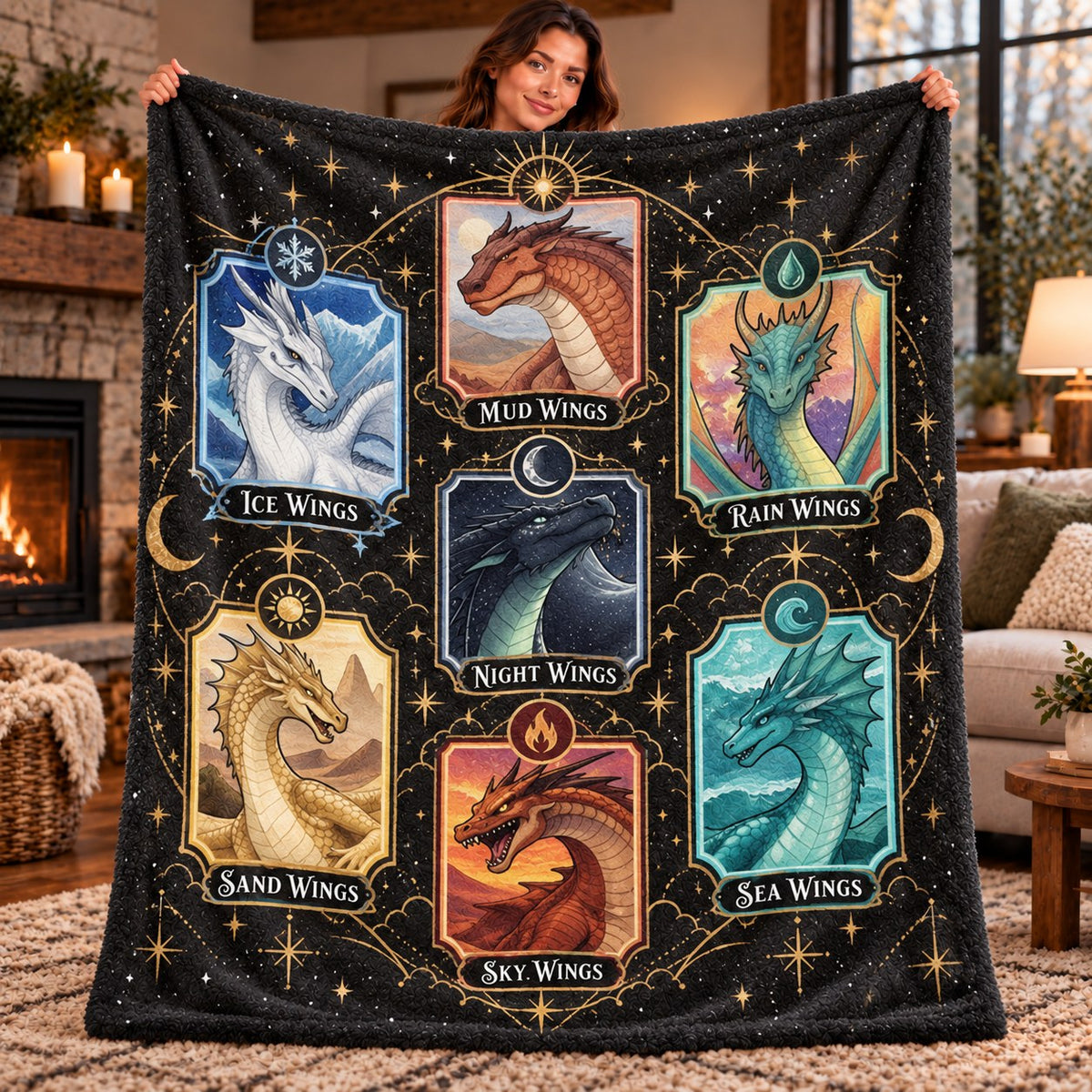 Wings of Fire Fleece Blanket - Dragon Tribes Tarot Cards Throw - held up