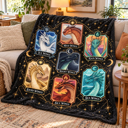 Wings of Fire Fleece Blanket - Dragon Tribes Tarot Cards Throw - on sofa