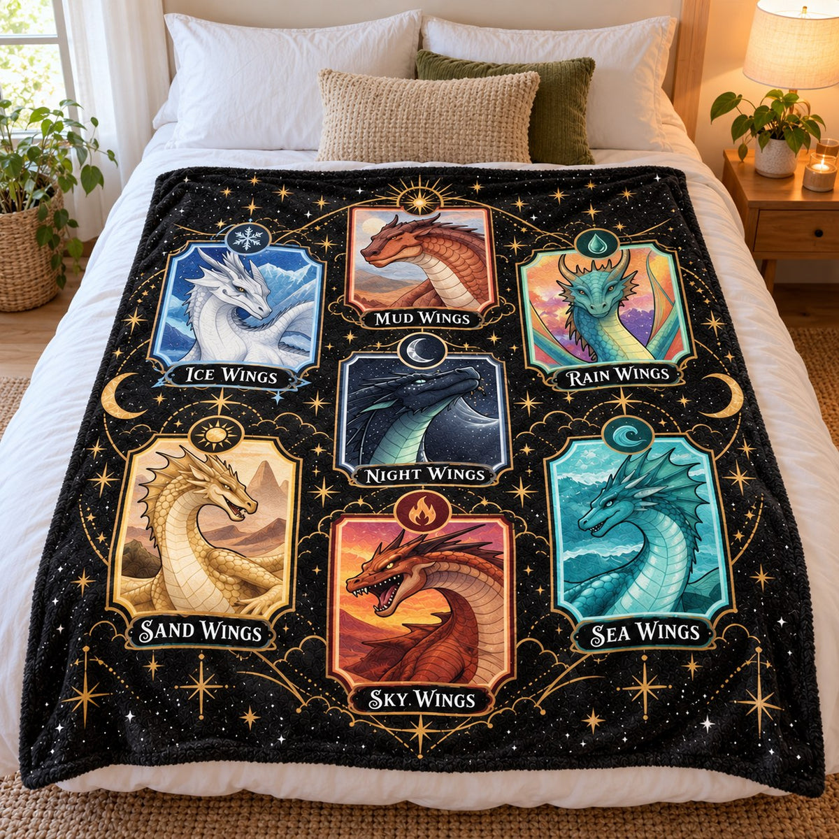 Wings of Fire Fleece Blanket - Dragon Tribes Tarot Cards Throw - on bed