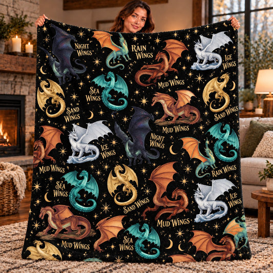 Wings of Fire Fleece Blanket - All Seven Dragon Tribes on Starry Night Throw - held up