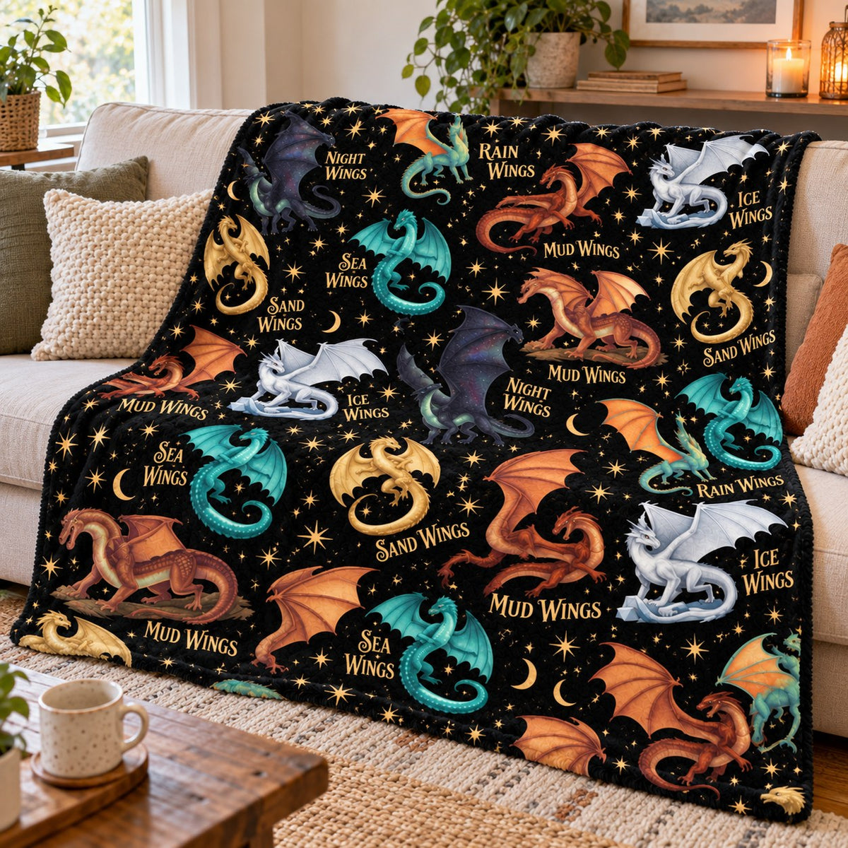 Wings of Fire Fleece Blanket - All Seven Dragon Tribes on Starry Night Throw - on sofa