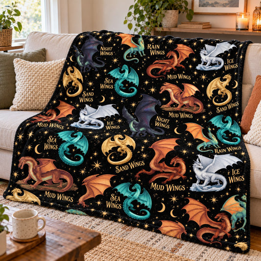Wings of Fire Fleece Blanket - All Seven Dragon Tribes on Starry Night Throw - on sofa