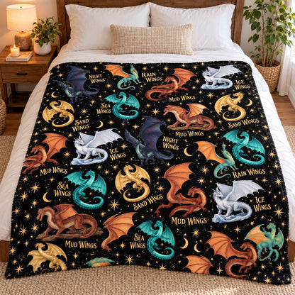 Wings of Fire Fleece Blanket - All Seven Dragon Tribes on Starry Night Throw - on bed