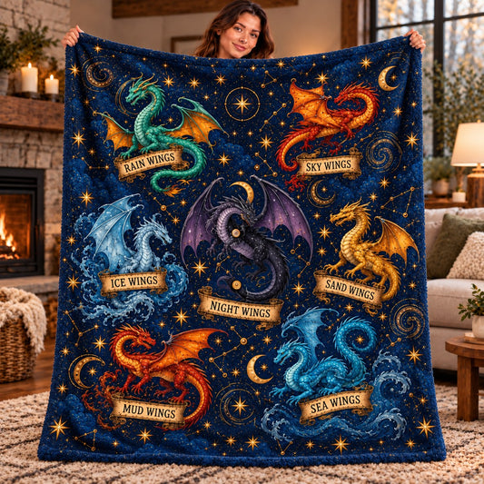 Wings of Fire Fleece Blanket - Constellation Dragons Navy Throw - held up