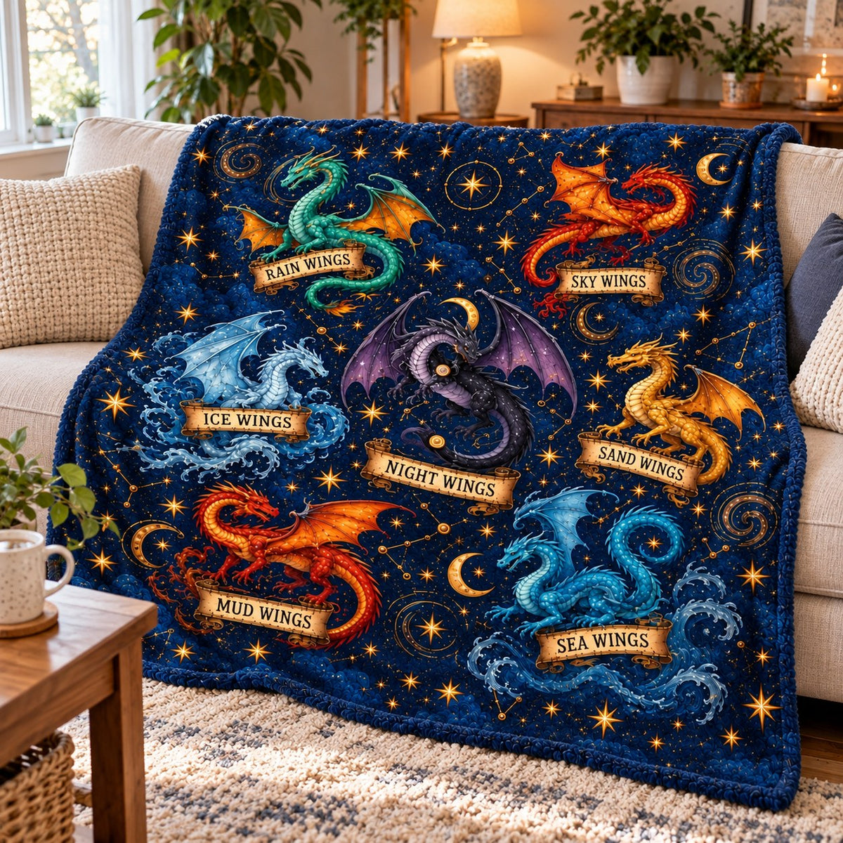 Wings of Fire Fleece Blanket - Constellation Dragons Navy Throw - on sofa