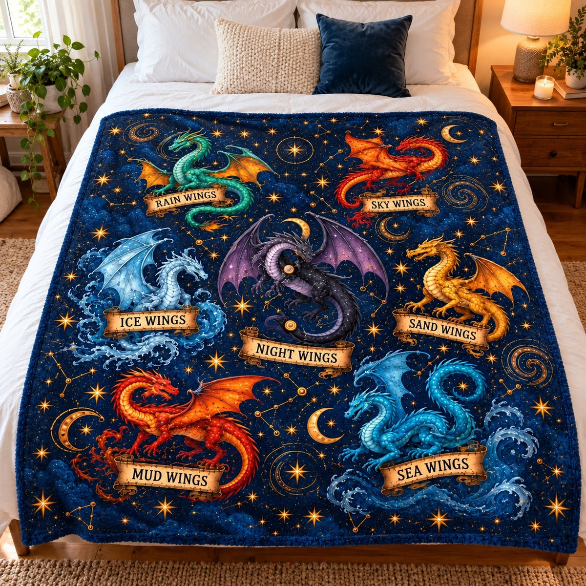 Wings of Fire Fleece Blanket - Constellation Dragons Navy Throw - on bed