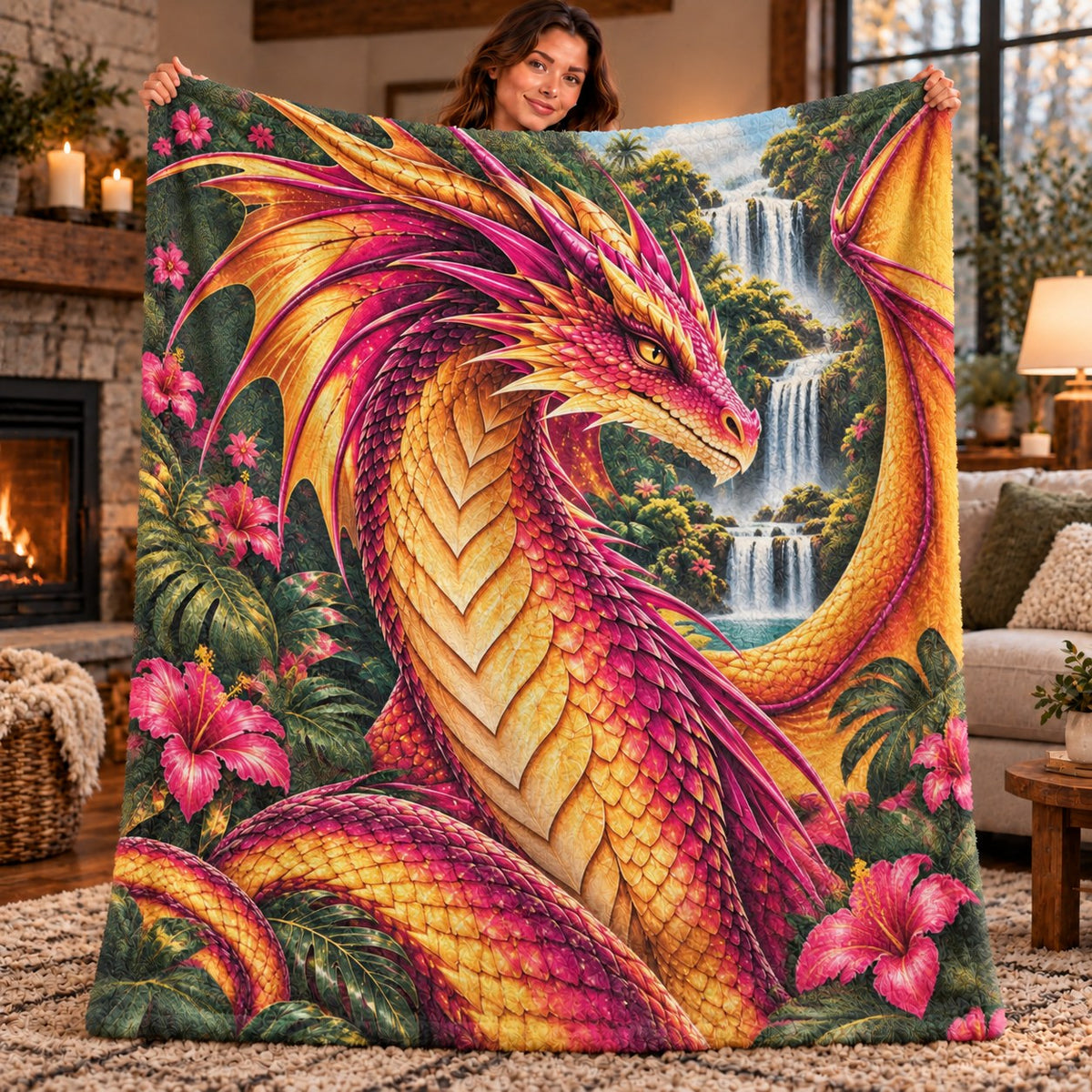 Wings of Fire RainWing Fleece Blanket - Tropical Jungle Waterfall Dragon Throw - held up