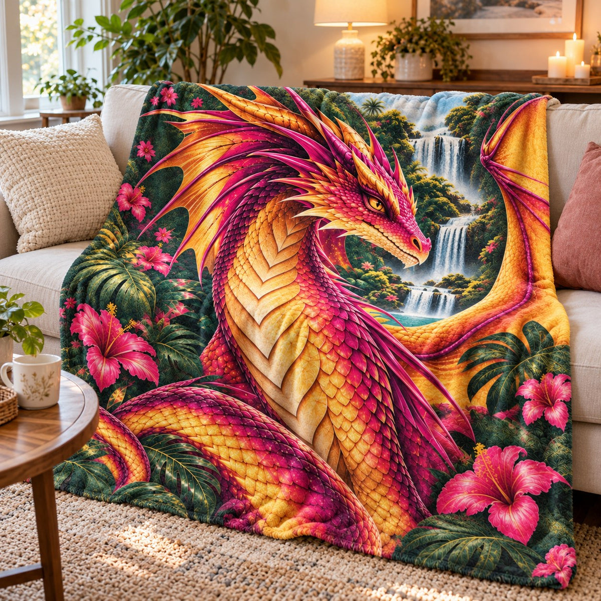 Wings of Fire RainWing Fleece Blanket - Tropical Jungle Waterfall Dragon Throw - on sofa