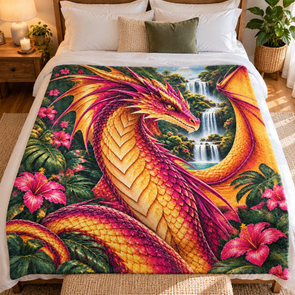 Wings of Fire RainWing Fleece Blanket - Tropical Jungle Waterfall Dragon Throw - on bed