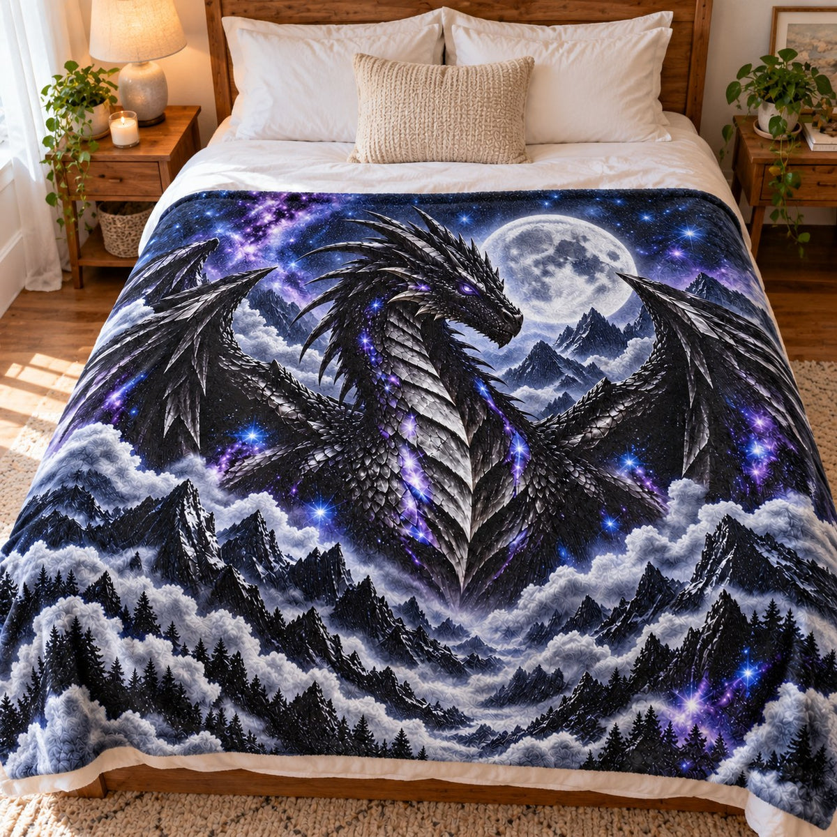 Wings of Fire NightWing Fleece Blanket - Moon Dragon Purple Galaxy Throw - on bed