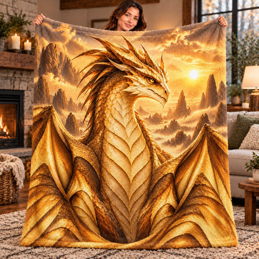 Wings of Fire SandWing Fleece Blanket - Golden Desert Sunset Dragon Throw - held up