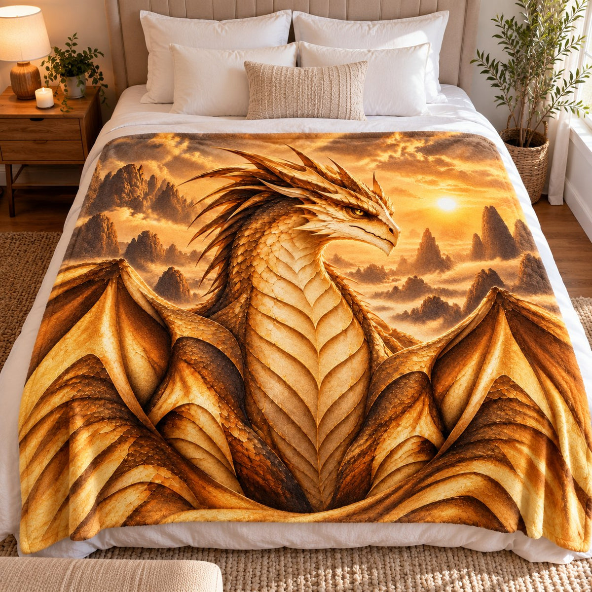 Wings of Fire SandWing Fleece Blanket - Golden Desert Sunset Dragon Throw - on bed